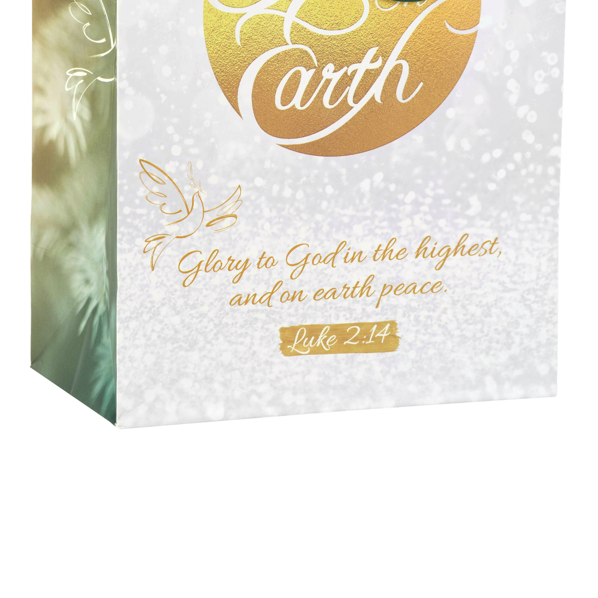 A decorative paper gift bag with a white glitter-textured front, a large gold foil circle reading 'Earth,' gold script text, and a small gold Bible verse label. The side panel has a soft green and gold blurred holiday design by CTA Christ to All and CTA Gifts.