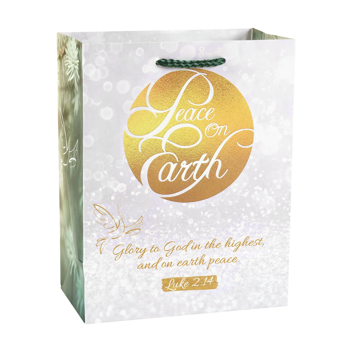 A white and silver glitter gift bag featuring a large gold circle with the words 'Peace on Earth' in white script, a gold Bible verse from Luke 2:14, and a green rope handle by CTA Christ to All and CTA Gifts.