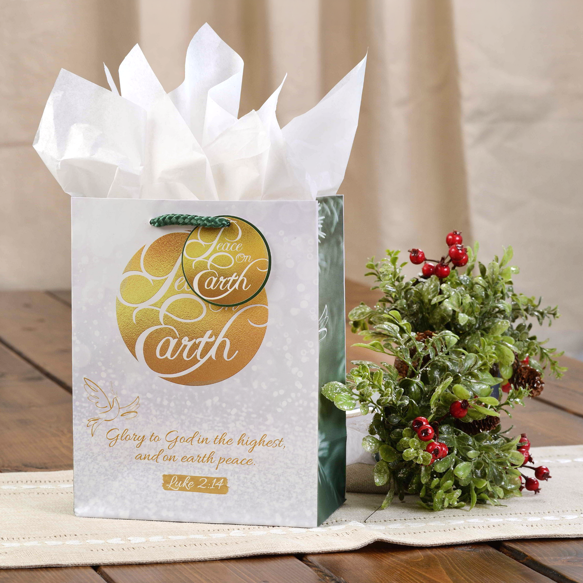 A white gift bag with a green and gold 'Live Earth' logo, filled with white tissue paper, displayed on a wooden surface next to a small green and red holly arrangement by CTA Christ to All and CTA Gifts.