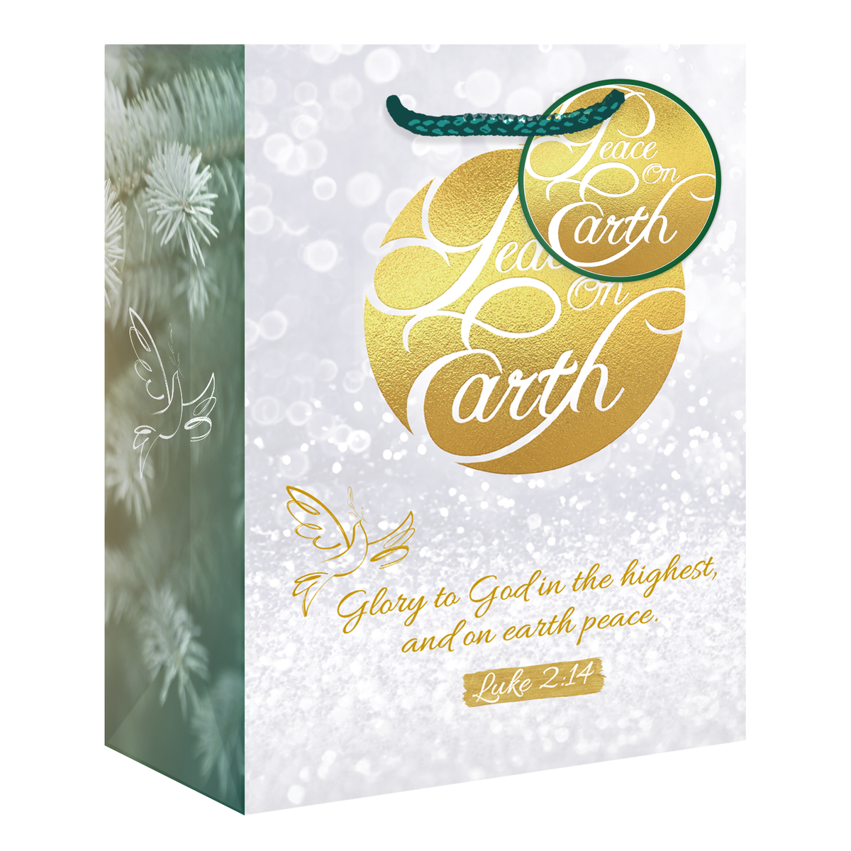 A decorative gift bag or packaging design featuring a white glittery background with a large gold circular emblem reading 'Peace on Earth,' a green hanging tag, and gold script text including the biblical quote Luke 2:14. The side panel is a soft green with white floral and bird line art by CTA Christ to All & CTA Gifts.