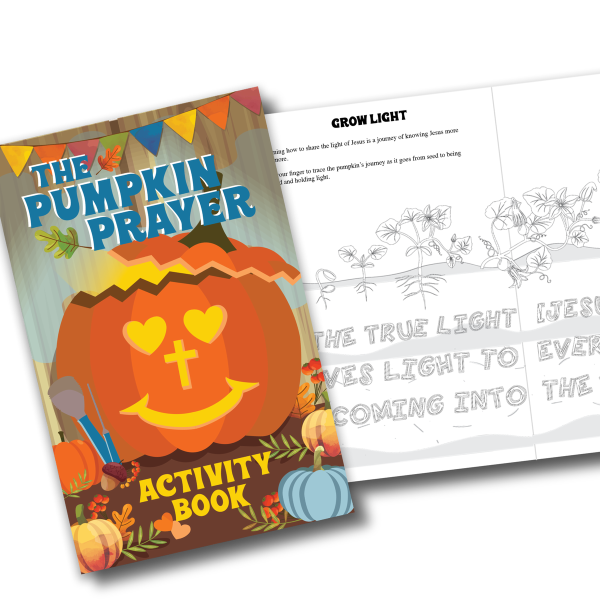 The Pumpkin Prayer Activity Book shown open, with the colorful cover featuring a carved pumpkin and the interior pages showing black-and-white line art and text by CTA Christ to All & CTAKids.