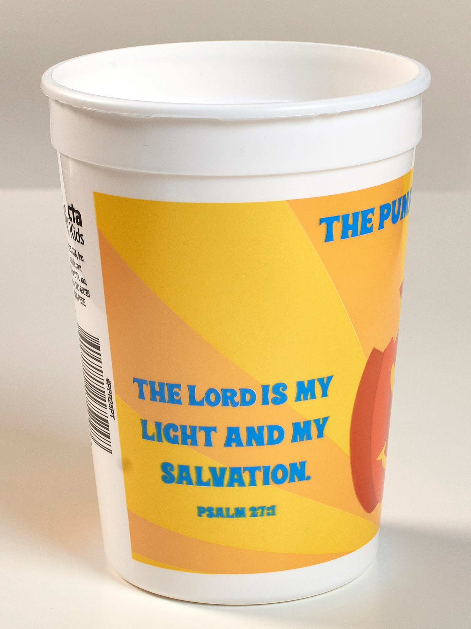 Plastic tumbler cup  for kids parties with yellow label featuring Psalm 27:1