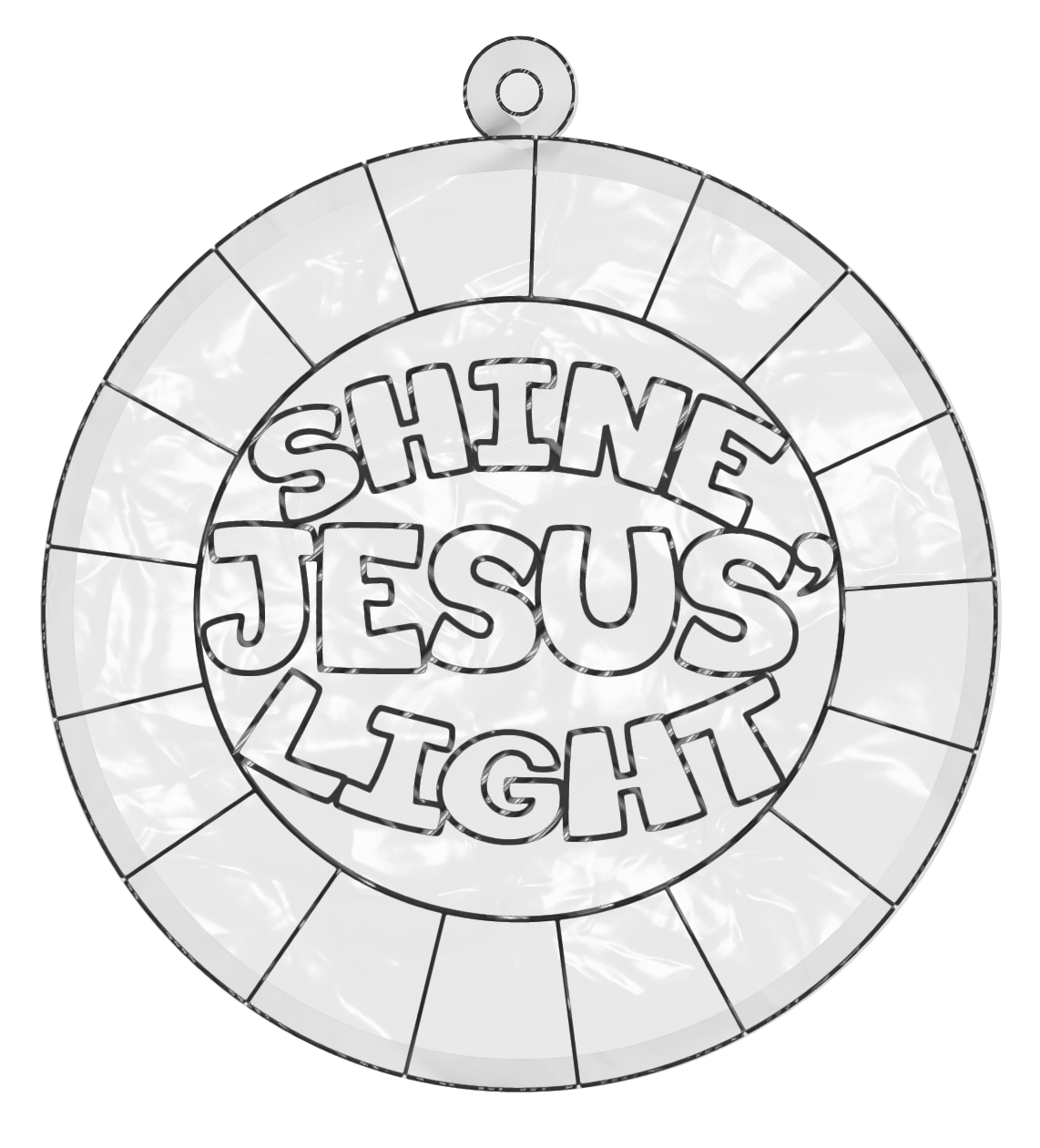 Plastic color-your-own suncatcher in a circular design with 'Shine Jesus' Light' text for kids