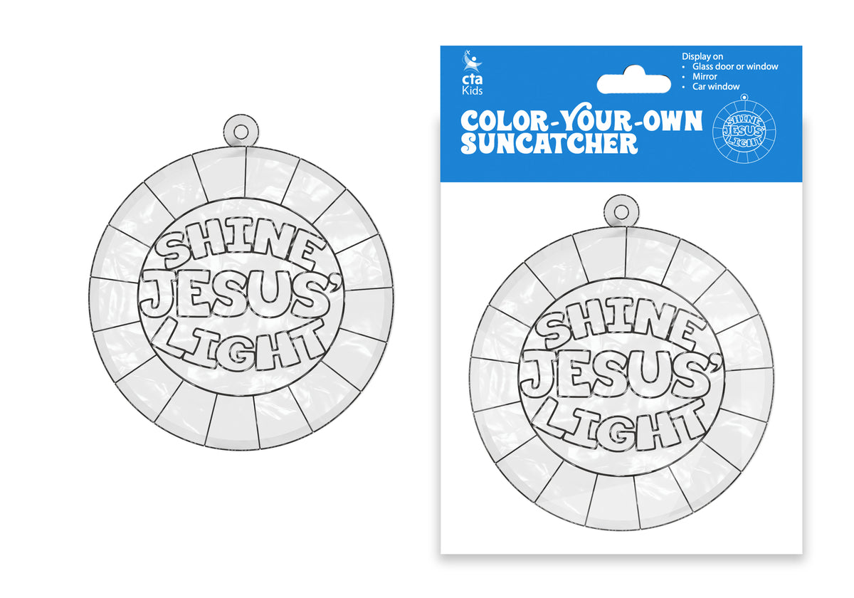 Color-your-own suncatcher with 'Shine Jesus Light' text, and packaging