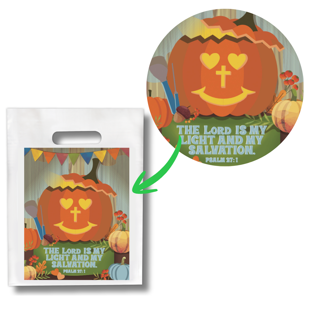Pumpkin design with religious text on a white bag and circular inset by CTA Christ to All & CTAKids.