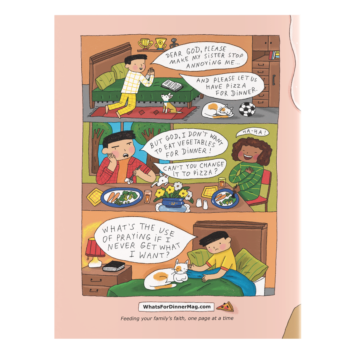 A three-panel comic strip printed on a page, showing a family dinner scene with humorous dialogue. The page is centered on a peach-colored background, with the text 'WhatsForDinnerMag by CTA Christ to All & CTAKids.