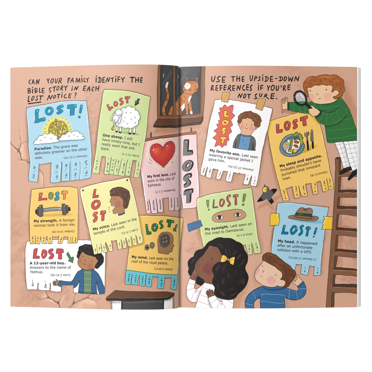 An open children's Bible activity book spread showing illustrated pages with crossword-style word searches, scripture clues, and activity cards. The pages feature multiple cartoon children, furniture, and colorful text blocks on a warm beige background by CTA Christ to All & CTAKids.