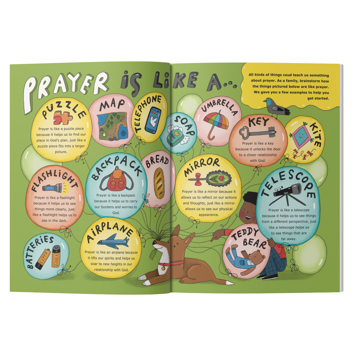 An open children's activity book spread titled 'PRAYER IS LIKE A by CTA Christ to All & CTAKids.