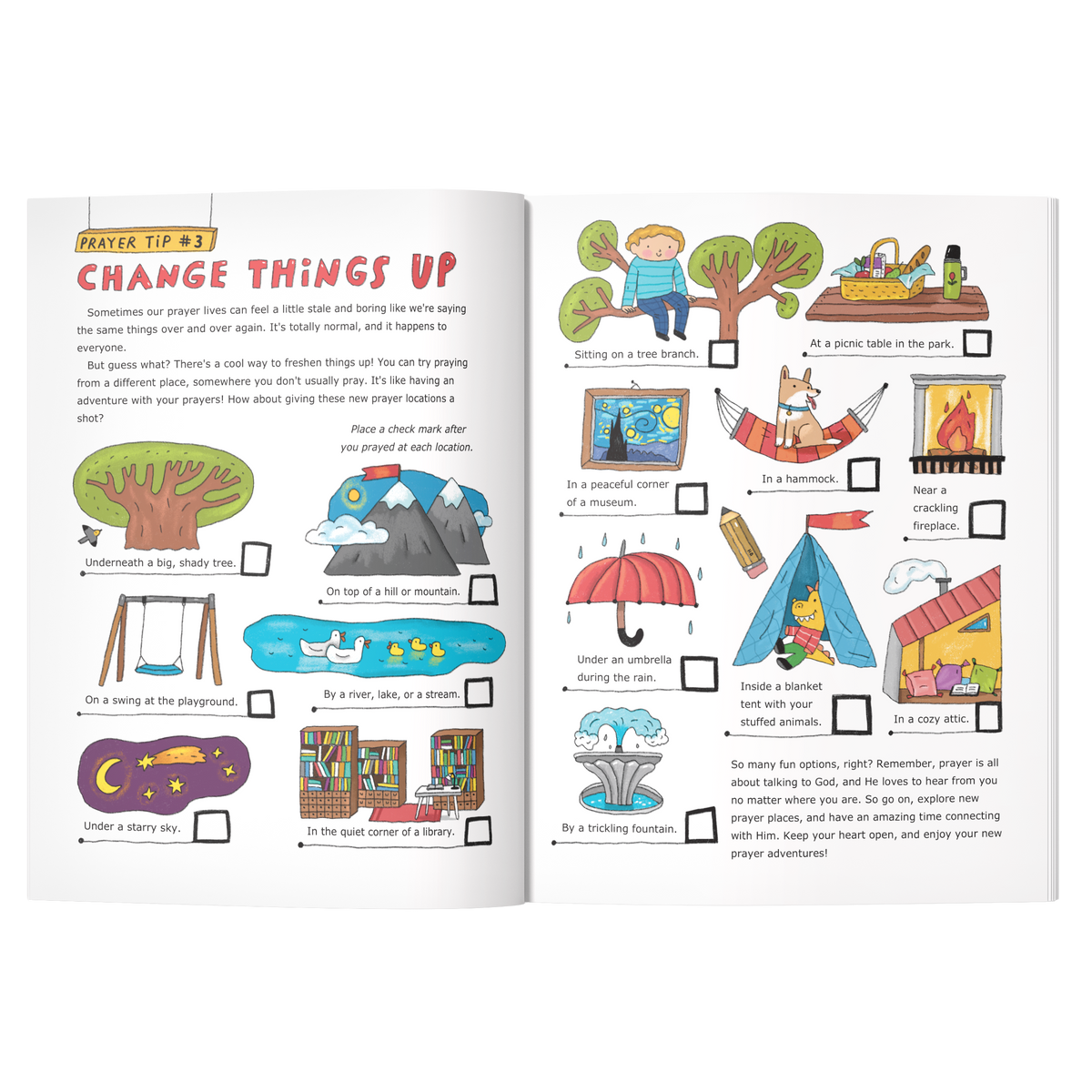 A two-page spread from a children's prayer book or activity booklet titled 'PRAYER TIP 103 CHANGE THINGS UP.' The left page has colorful illustrations and short text prompts, while the right page shows more illustrated scenes and checkboxes by CTA Christ to All & CTAKids.