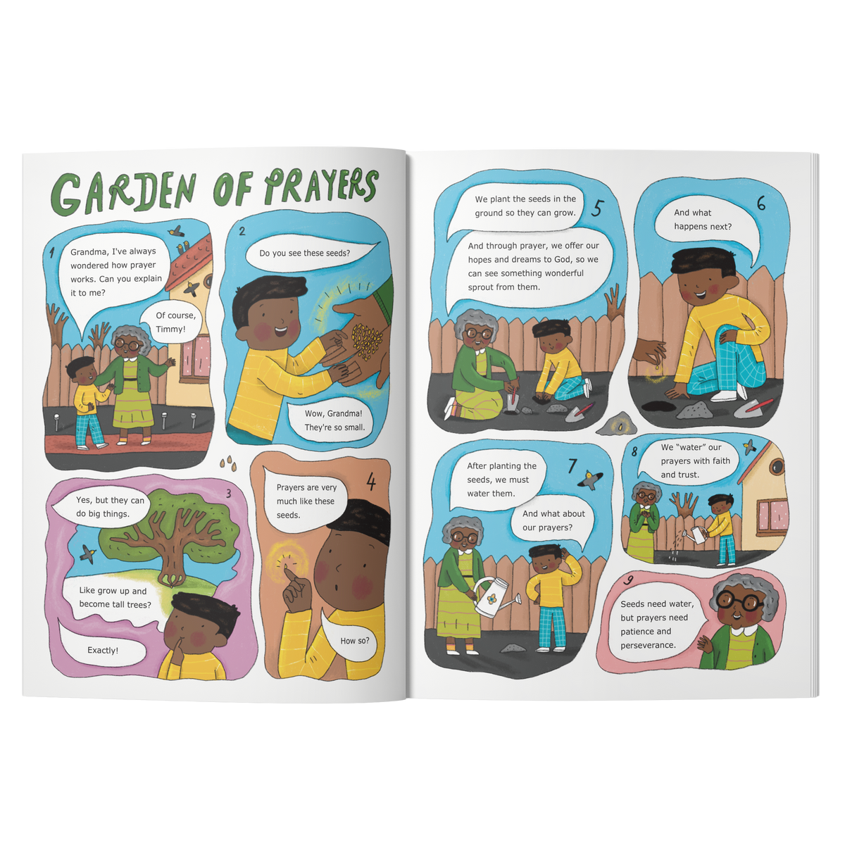An open children's book spread titled 'GARDEN OF PRAYERS' with illustrated cartoon panels showing children praying outdoors. The pages are photographed against a plain white background by CTA Christ to All & CTAKids.