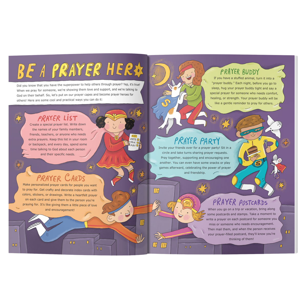A colorful children's prayer guide or booklet cover titled 'BE A PRAYER HERO' with illustrated scenes of children praying, a moon and starry sky, and text boxes labeled Prayer List, Prayer Cards, Prayer Postcards, Prayer Buddy, and Prayer Party by CTA Christ to All & CTAKids.