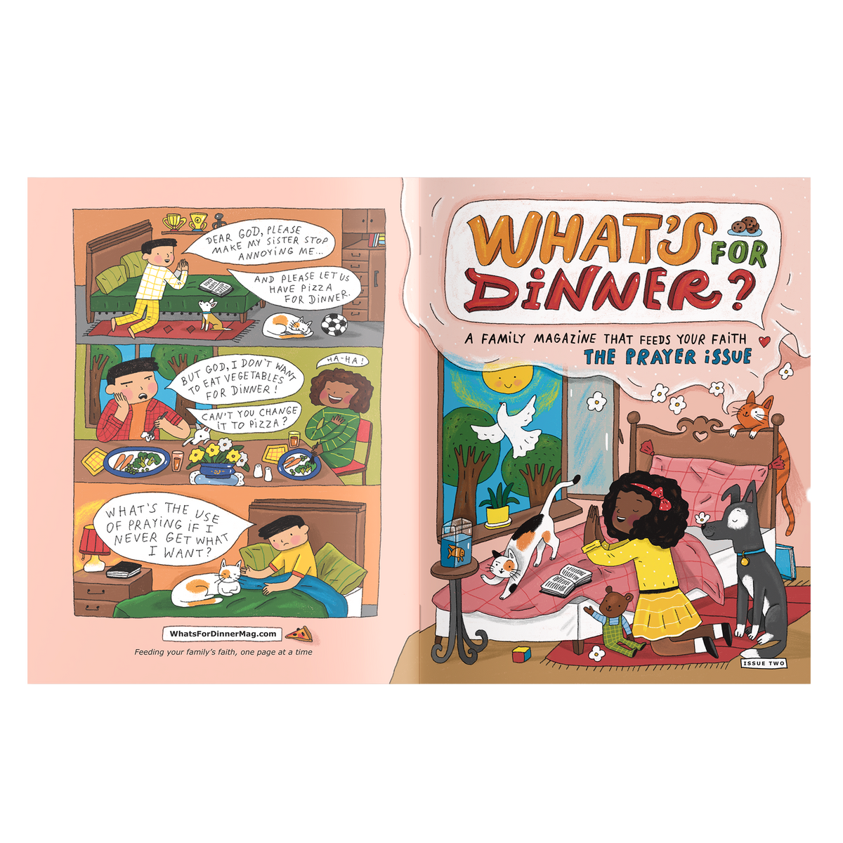 A two-page spread of a children's family magazine titled "What's for Dinner?" showing illustrated family scenes and text about the prayer issue, photographed against a plain white background by CTA Christ to All & CTAKids.