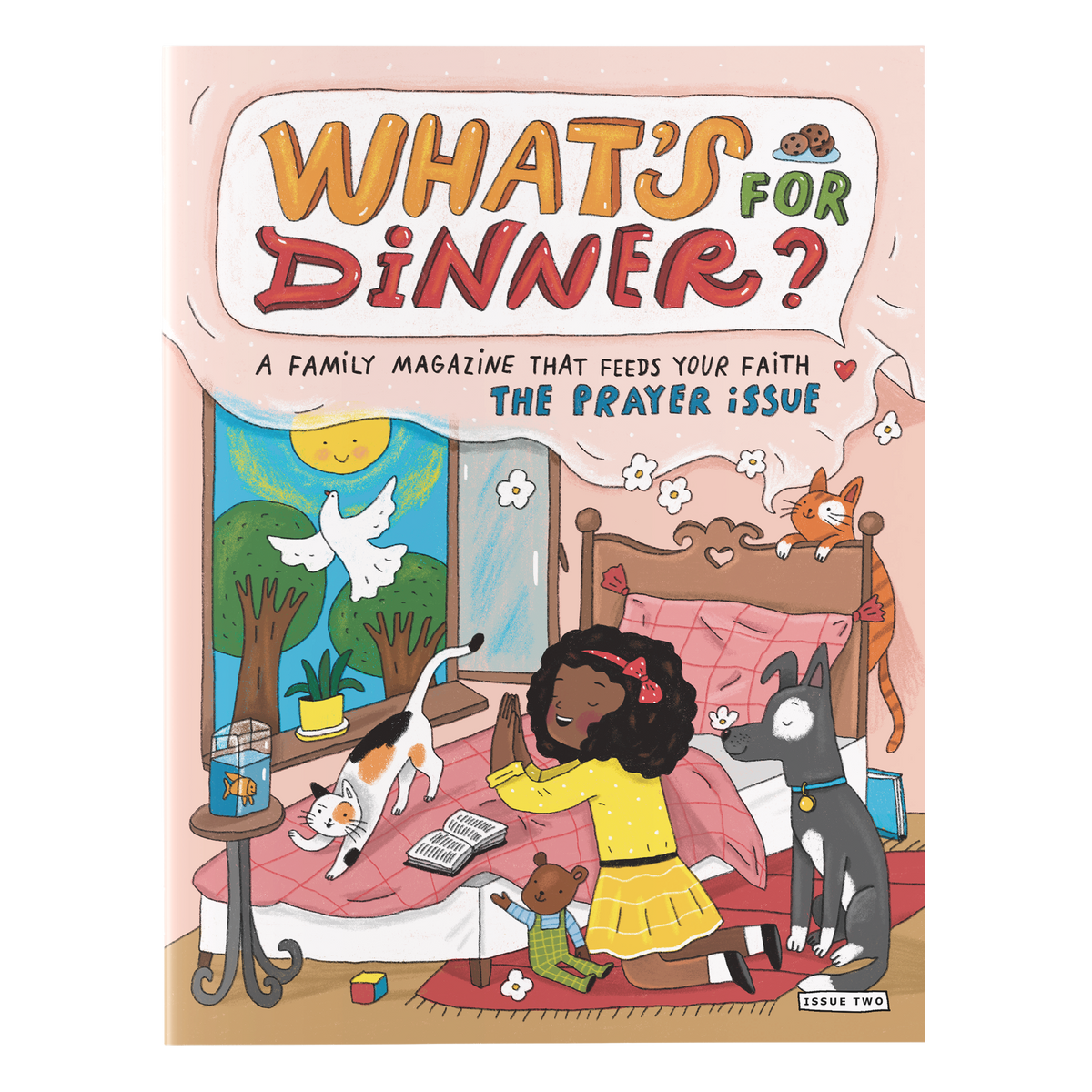 Front cover of a children's family magazine titled "What's for Dinner?" with illustrated artwork showing a girl in bed, a cat, a dog, birds, and a birdcage. The cover is light pink with large multicolored title text and smaller subtitle text reading "A Family Magazine That Feeds Your Faith" and "The Prayer Issue by CTA Christ to All & CTAKids.