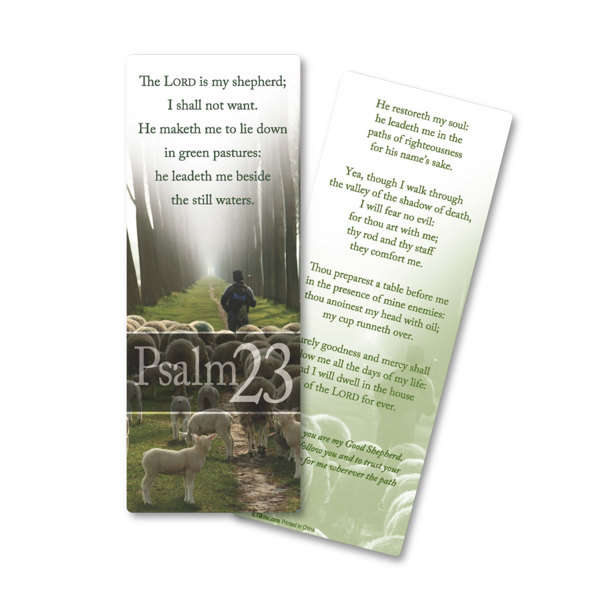 Two printed bookmarks or cards shown on a white background. One card features a pastoral scene with sheep in a field and the text 'The Lord is my shepherd; I shall not want by CTA Christ to All & CTA Publishing.