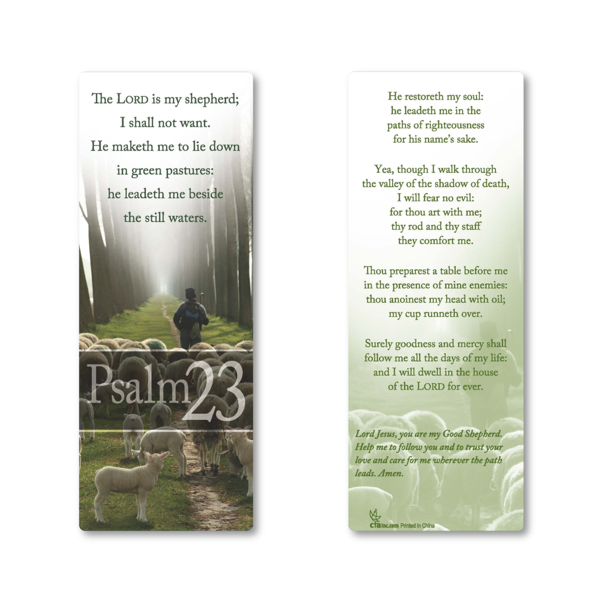 Two printed bookmarks or prayer cards shown on a white background. The left card features Psalm 23 imagery with a shepherd and sheep in a misty landscape, and the right card contains a longer Psalm 23 prayer with a pale green watercolor background by CTA Christ to All & CTA Publishing.