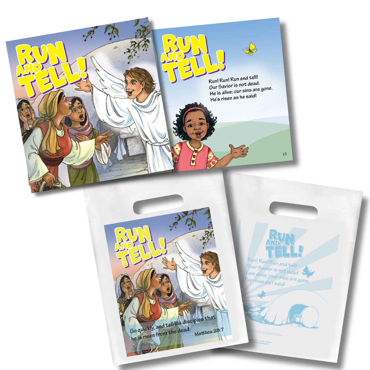 Three printed paper items on a white background: two upright book or booklet pages with colorful illustrated cover art reading 'Run and Tell!' and a white handled bag printed with the same design and text by CTA Christ to All and CTAKids.
