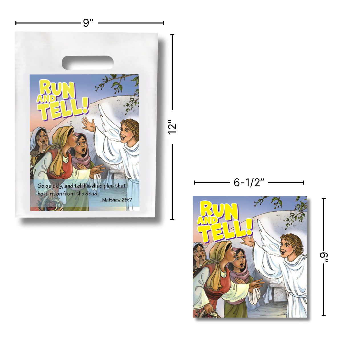 White plastic handled bags with printed religious labels showing an illustration of Jesus and disciples with the text 'RUN AND TELL!'. The image includes dimension callouts showing the bag size and a smaller flat label size by CTA Christ to All and CTAKids.