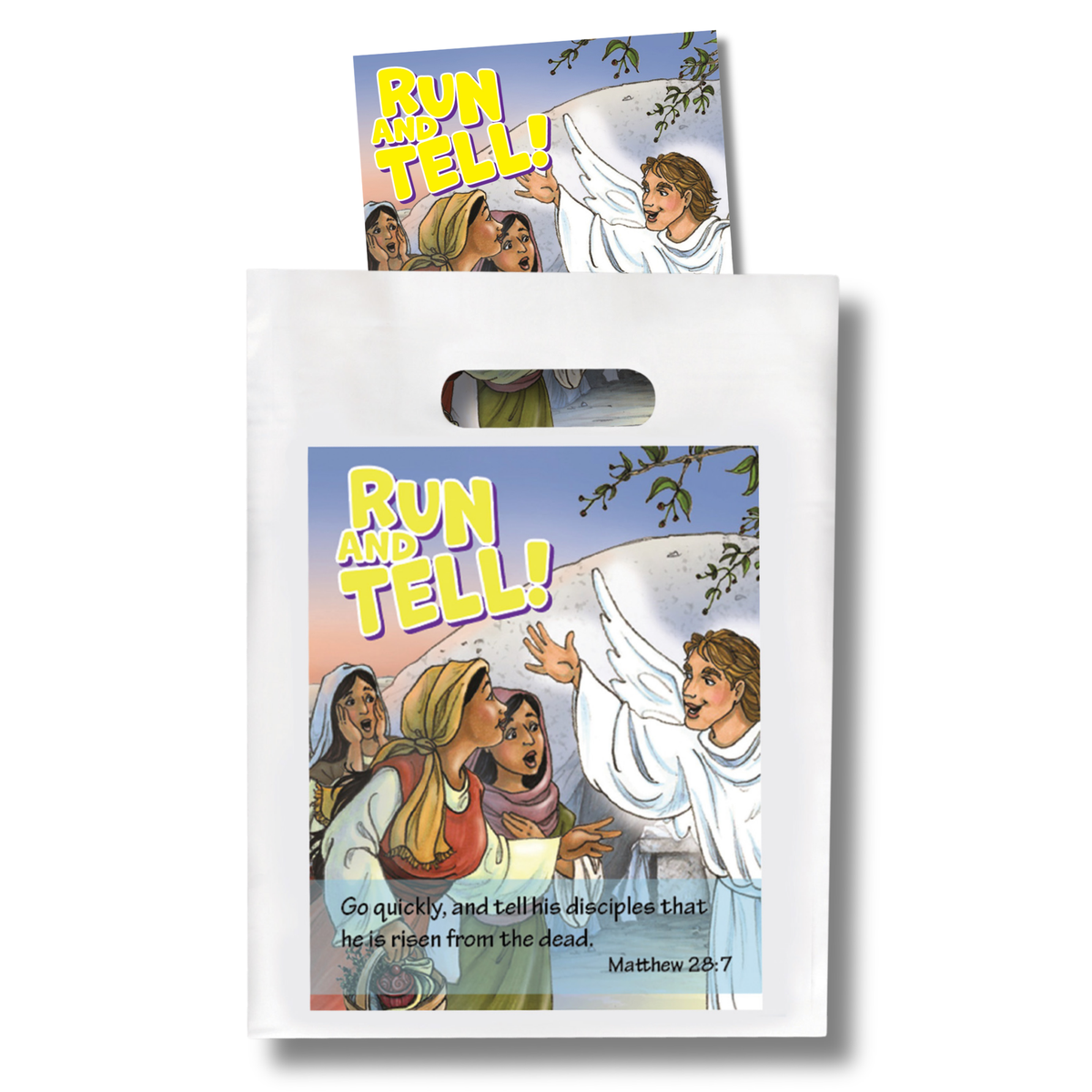 A white paper gift bag with a die-cut handle and a printed illustration of the 'Run and Tell!' scene from Matthew 28:5-7, shown with a smaller matching bag partially visible behind it on a white background by CTA Christ to All and CTAKids.