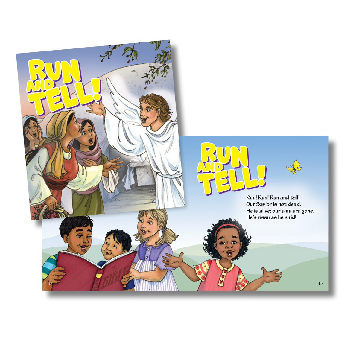 Two illustrated book or booklet pages shown on a white background, featuring the title 'Run and Tell!' in large yellow text and colorful cartoon-style scenes of children and a robed figure by CTA Christ to All and CTAKids.