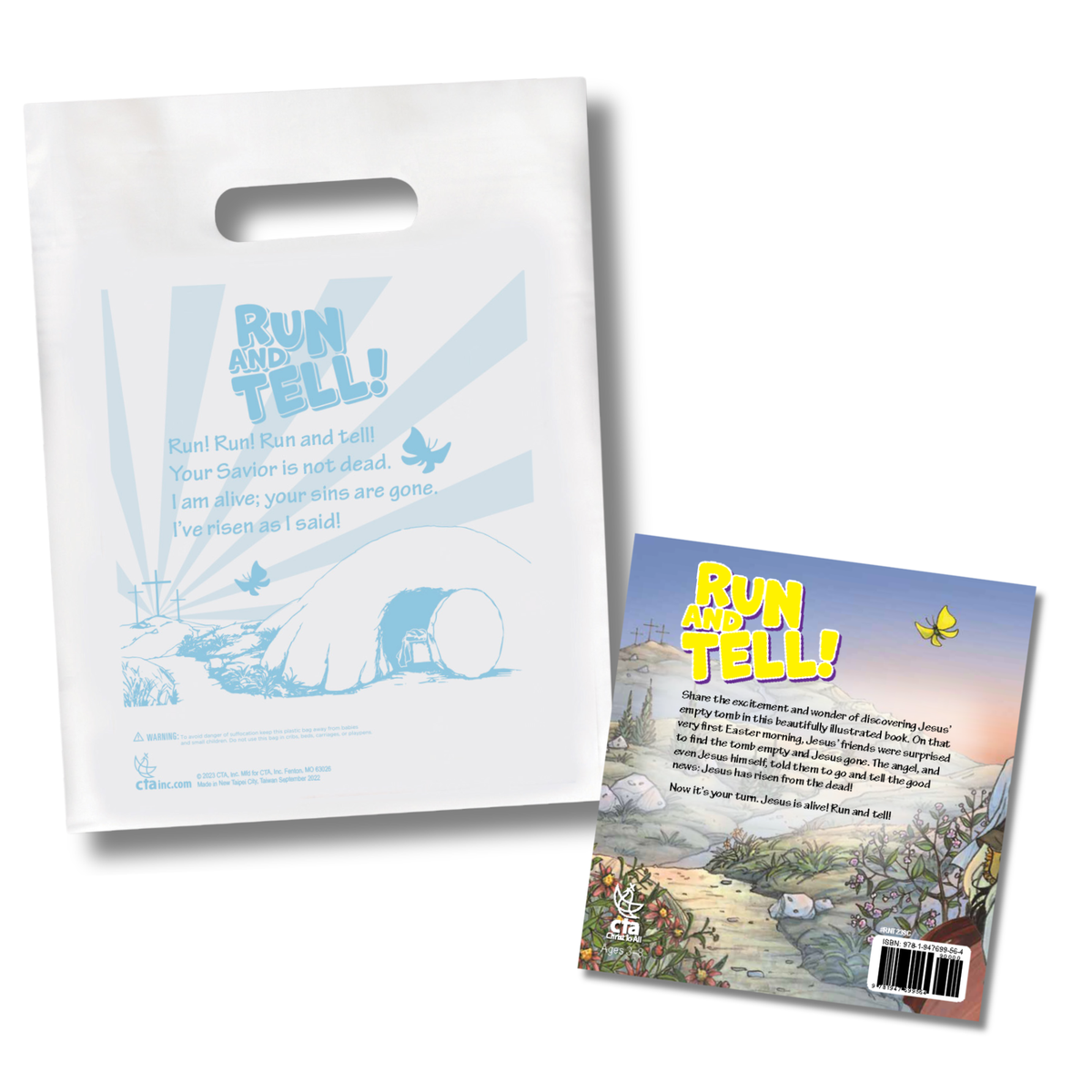 A white plastic handle bag with a blue graphic and text reading 'RUN AND TELL!' alongside a small printed card or booklet showing the back cover with colorful landscape artwork and text, photographed on a light gray background by CTA Christ to All and CTAKids.