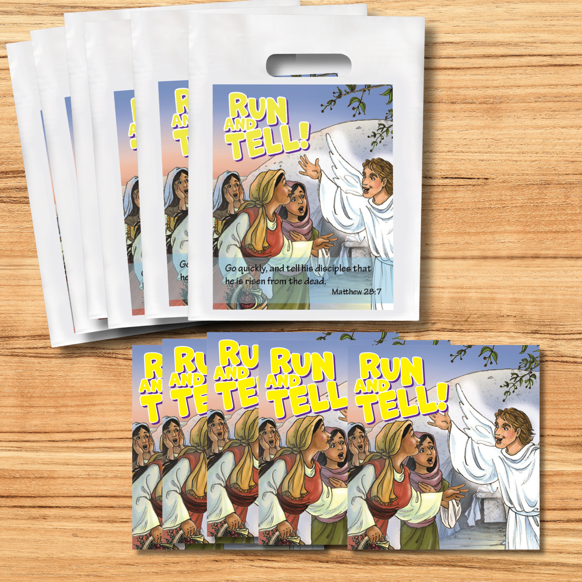 A set of printed plastic carry bags and matching flat labels or stickers featuring an illustrated biblical scene with the text 'RUN AND TELL!' in large yellow letters, displayed on a wood surface by CTA Christ to All and CTAKids.