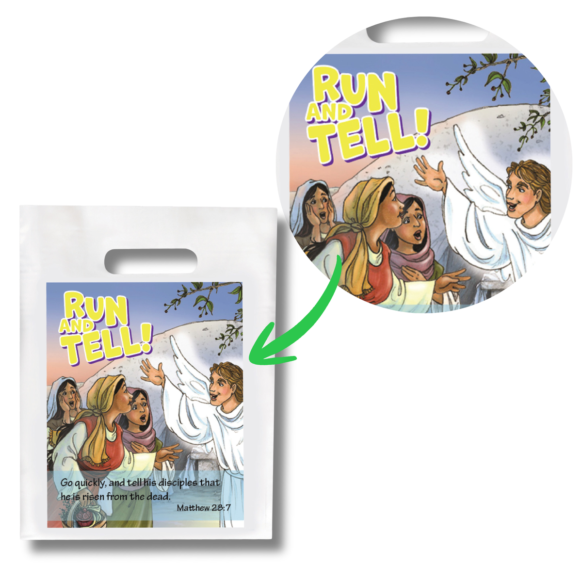 A white plastic carry bag with a printed illustrated label showing the text 'RUN AND TELL!' and a biblical scene, plus a circular inset of the same print and a green arrow indicating the label placement by CTA Christ to All and CTAKids.