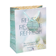 A decorative gift bag with a rustic turquoise wood-grain side panel and a soft pastel front panel. The front reads “RENE RESTORE REFRESH” with ornate teal scrollwork, and smaller text says “Be renewed in the spirit of your mind Ephesians 4:23 by CTA Christ to All and CTA Gifts.