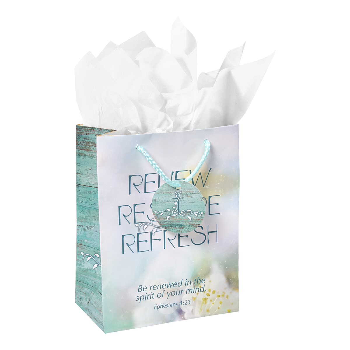 A decorative gift bag with a rustic turquoise wood-grain side panel and a soft pastel front panel. The front reads “RENE RESTORE REFRESH” with ornate teal scrollwork, and smaller text says “Be renewed in the spirit of your mind Ephesians 4:23 by CTA Christ to All and CTA Gifts.