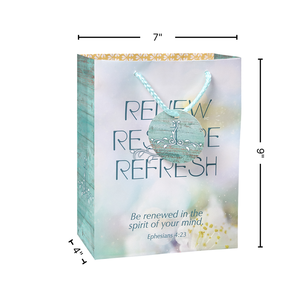 A decorative gift bag with a rustic turquoise wood-grain side panel and a soft pastel front panel. The front reads “RENE RESTORE REFRESH” with ornate teal scrollwork, and smaller text says “Be renewed in the spirit of your mind Ephesians 4:23 by CTA Christ to All and CTA Gifts.
