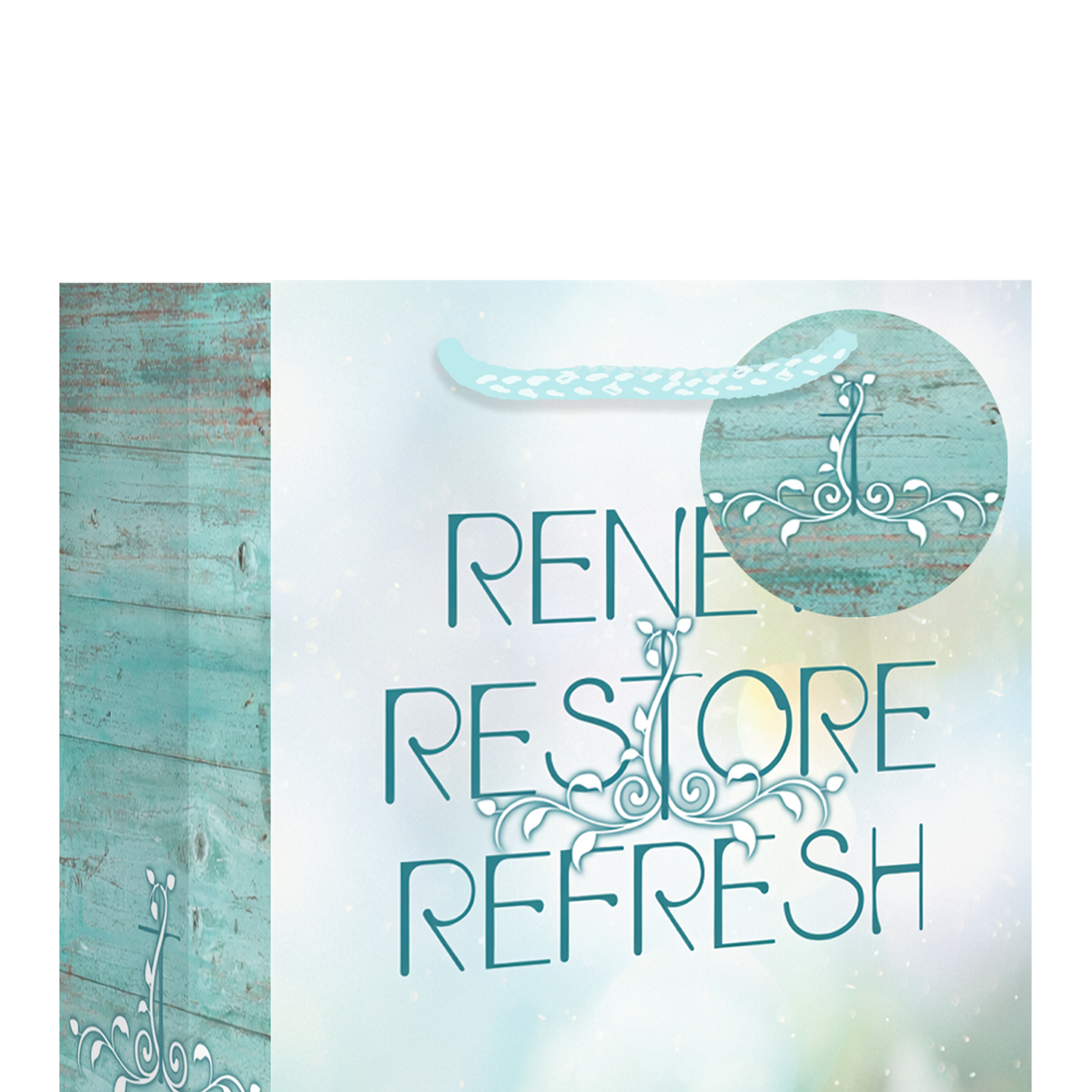 A decorative gift bag with a rustic turquoise wood-grain side panel and a soft pastel front panel. The front reads “RENE RESTORE REFRESH” with ornate teal scrollwork, and smaller text says “Be renewed in the spirit of your mind Ephesians 4:23 by CTA Christ to All and CTA Gifts.
