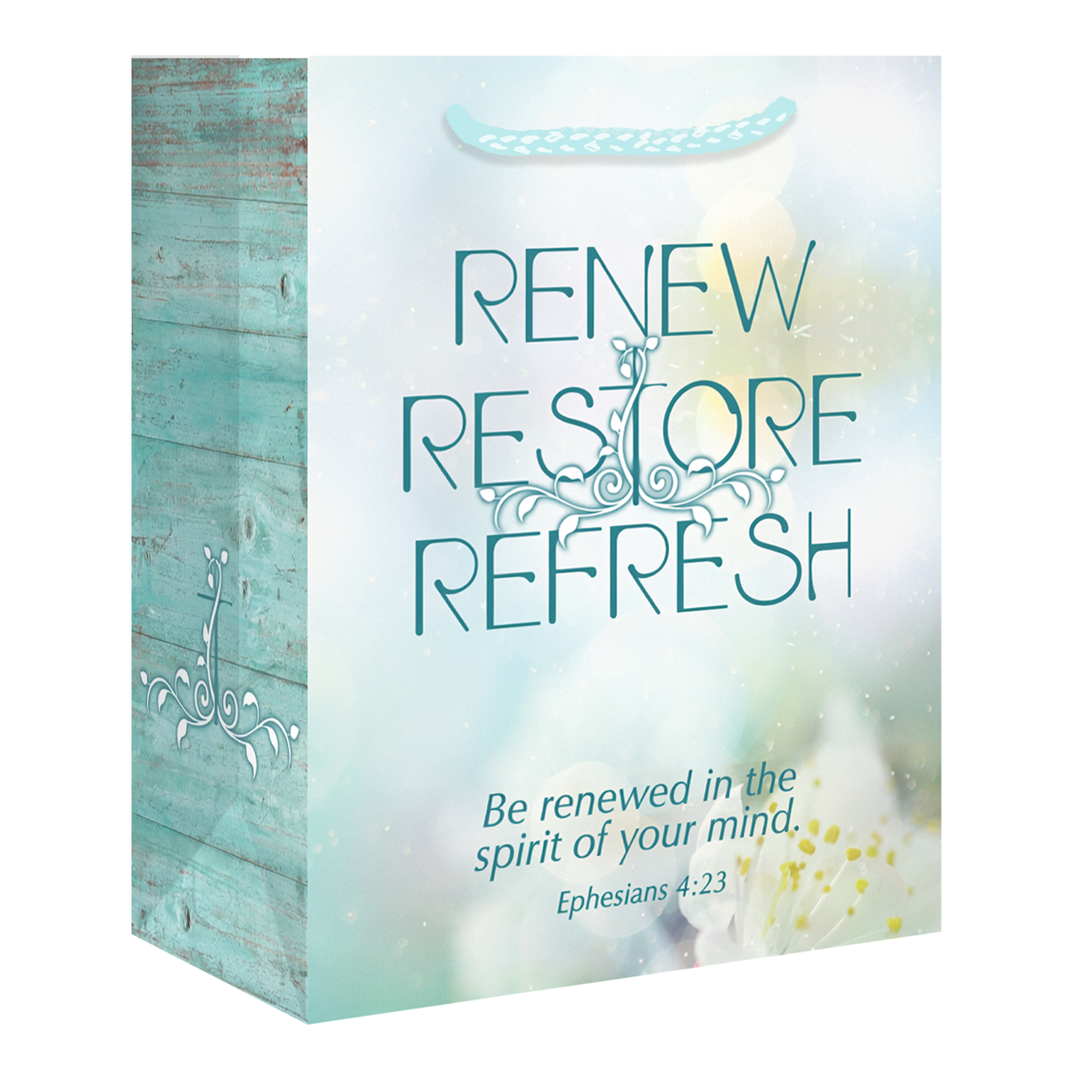 A decorative gift bag with a rustic turquoise wood-grain side panel and a soft pastel front panel. The front reads “RENE RESTORE REFRESH” with ornate teal scrollwork, and smaller text says “Be renewed in the spirit of your mind Ephesians 4:23 by CTA Christ to All and CTA Gifts.