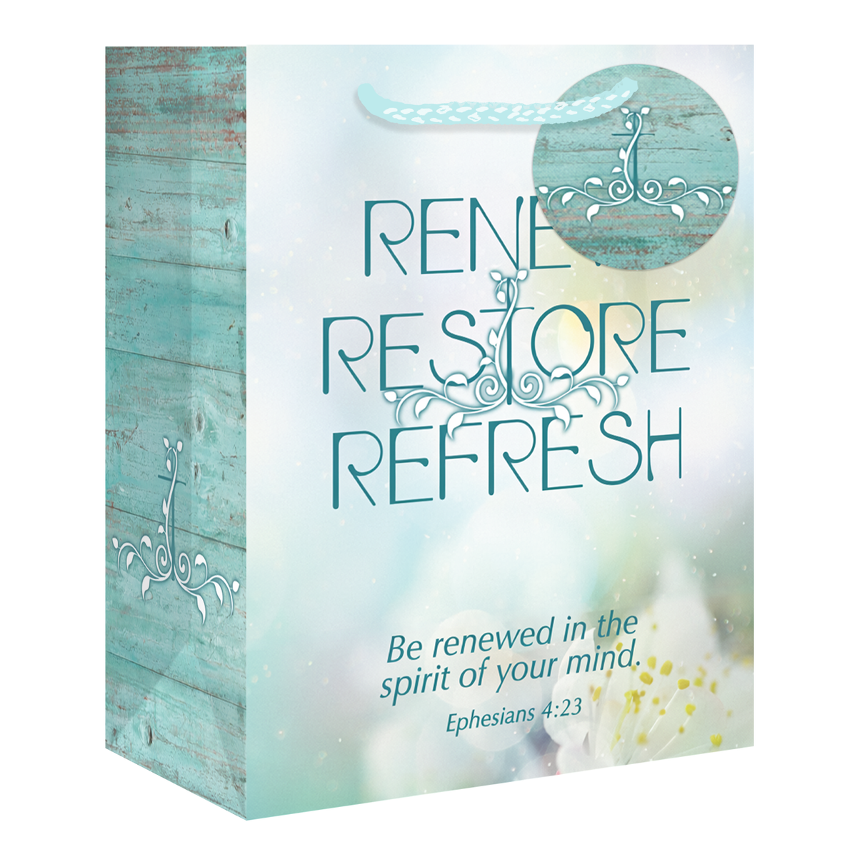 A decorative gift bag with a rustic turquoise wood-grain side panel and a soft pastel front panel. The front reads “RENE RESTORE REFRESH” with ornate teal scrollwork, and smaller text says “Be renewed in the spirit of your mind Ephesians 4:23 by CTA Christ to All & CTA Gifts.