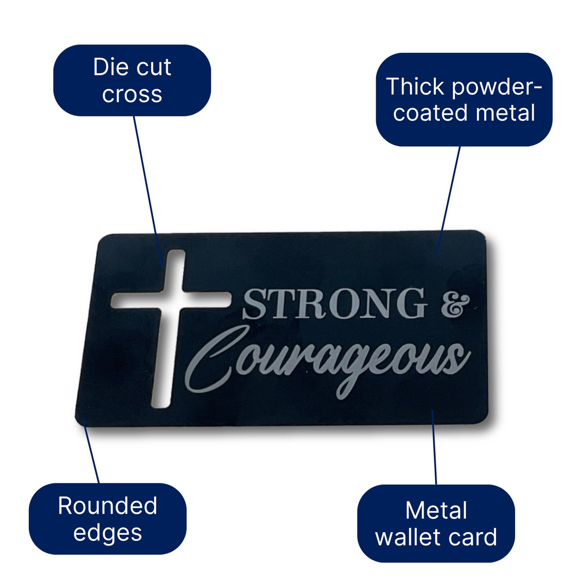 Close-up of Christian metal wallet card featuring a cross-shaped die-cut design and the message “Strong & Courageous.” Callout labels highlight key features including thick powder-coated metal construction, rounded corners, and a precision-cut cross. Durable, pocket-sized faith-based keepsake designed for everyday carry, ministry outreach, encouragement gifts, and Scripture-inspired reminders by CTA Christ All and CTA Gifts.