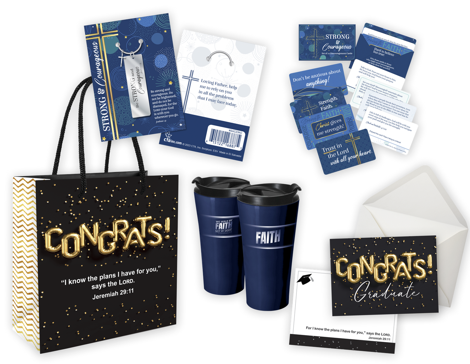 Christian Graduation Gift Set with mug, gift bag, key chain, encouragement cards and note card