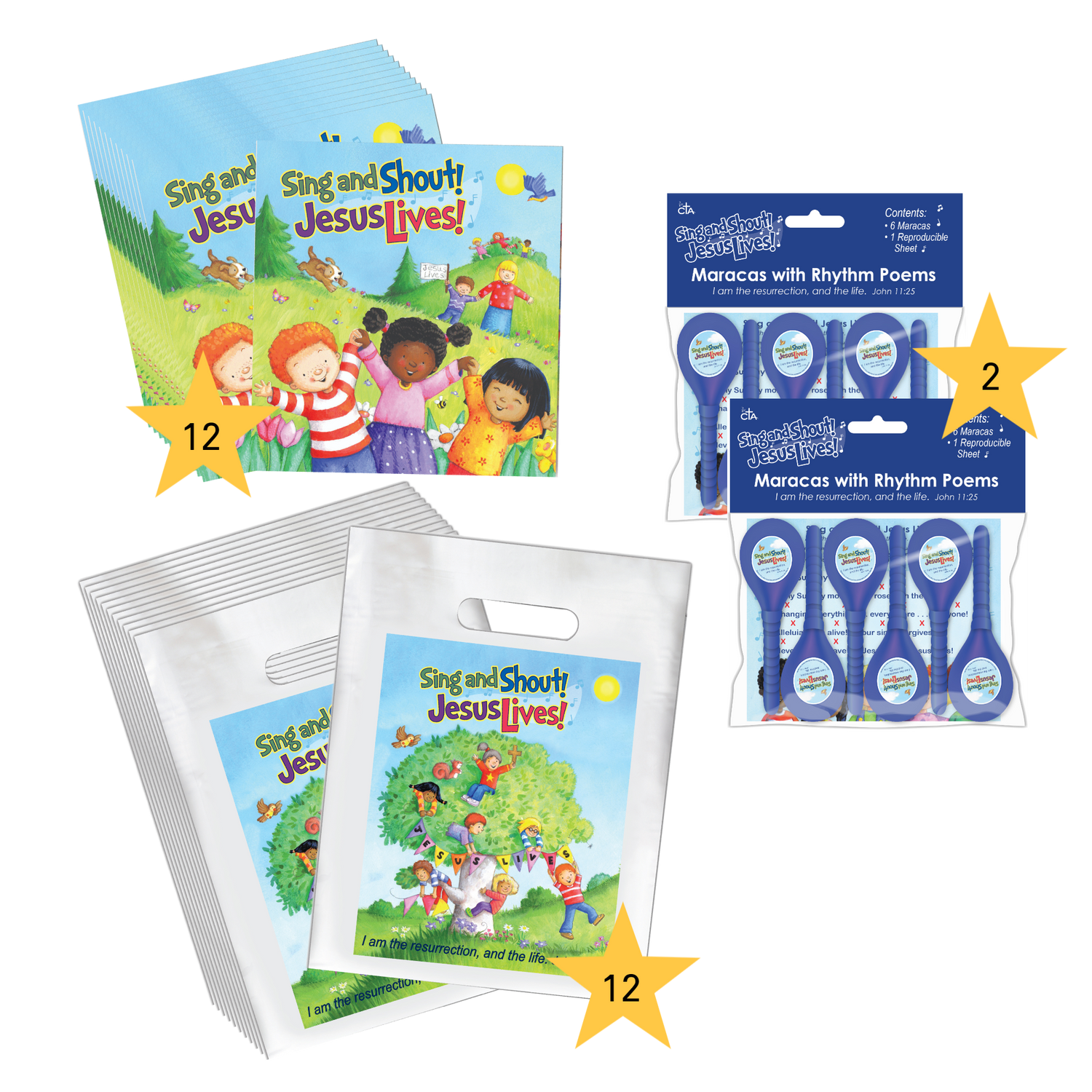 Sing and Shout! Jesus Lives kids' Easter pack with 12 books 12 goodie bags 12 maracas
