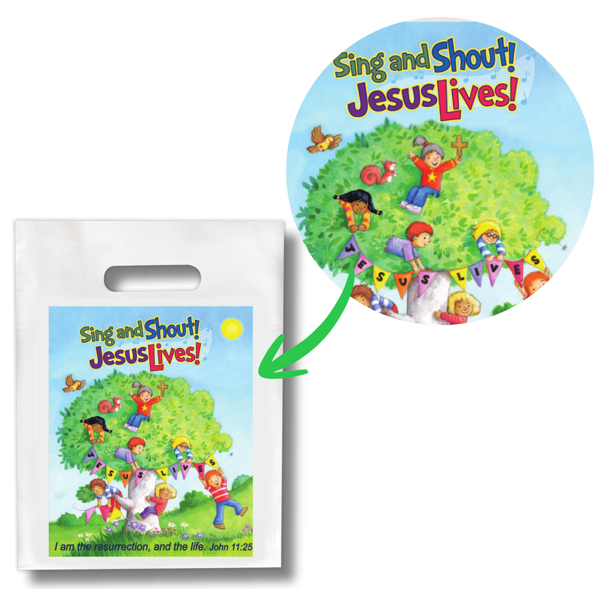 Children's book titled 'Sing and Shout! Jesus Lives!' with a tree illustration on a white background by CTA Christ to All & CTAKids.