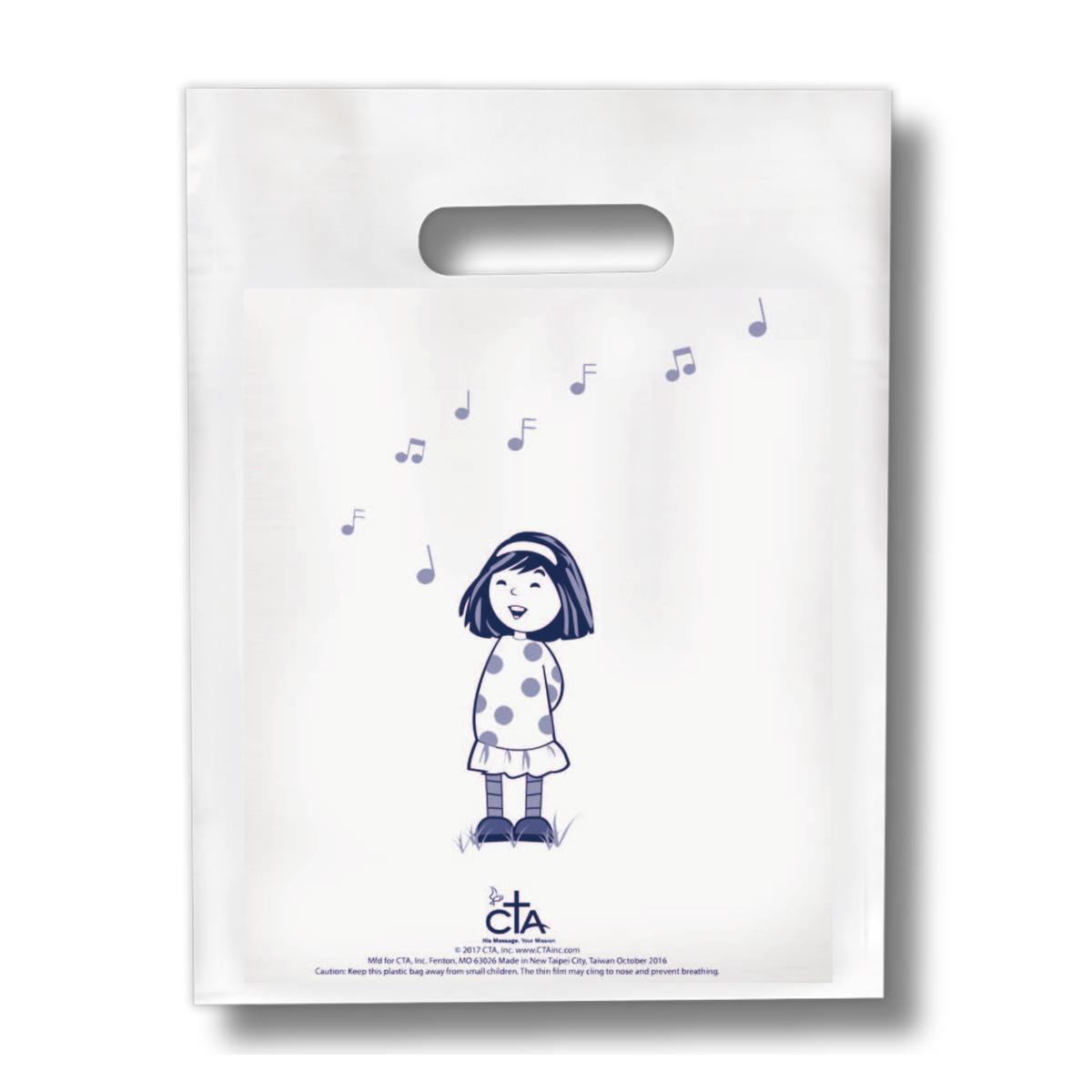 White packaging box with a cartoon character and musical notes on a white background by CTA Christ to All & CTAKids.