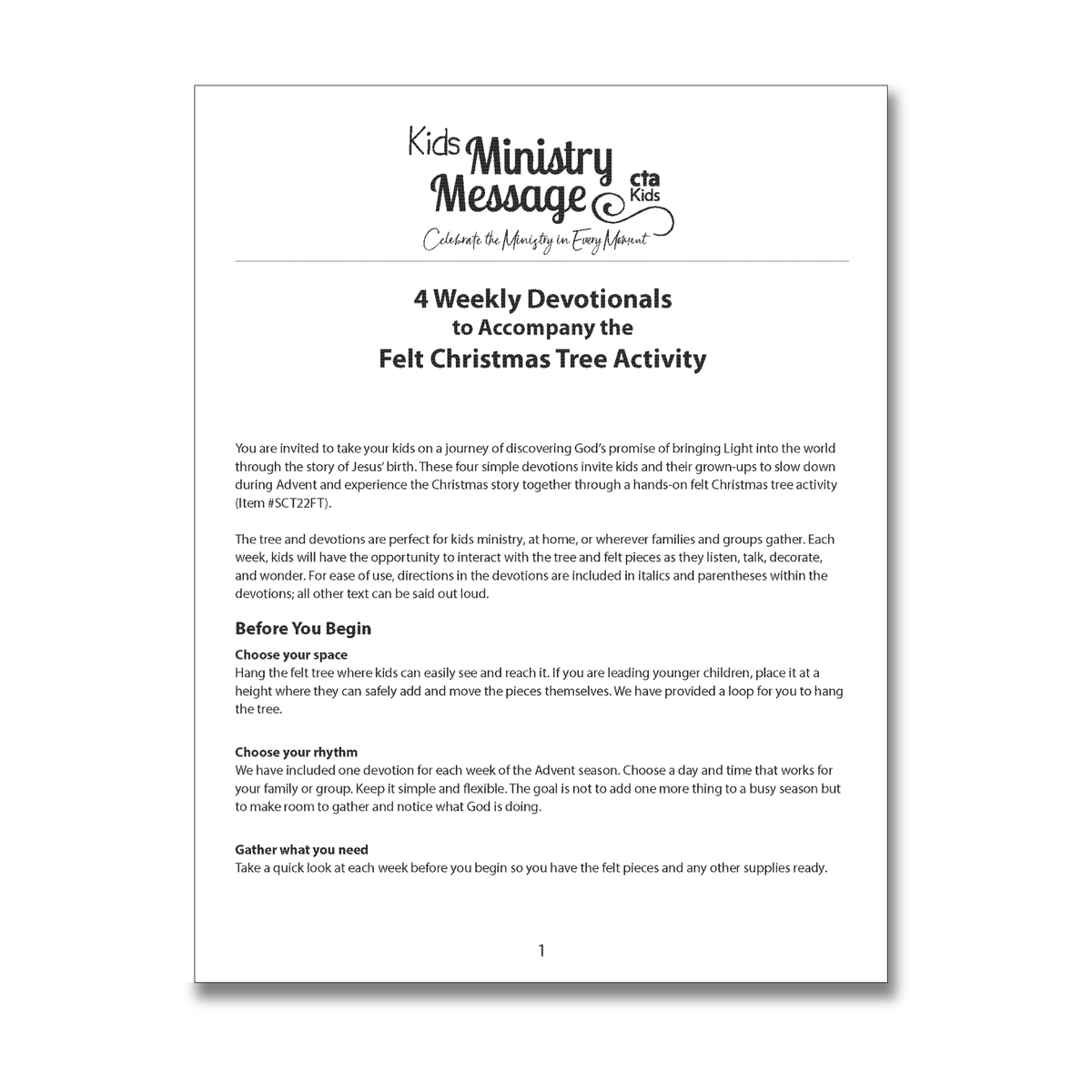 A printed activity sheet titled 'Kids Ministry Message' with the subtitle '4 Weekly Devotionals to Accompany the Felt Christmas Tree Activity,' shown on a white background by CTA Christ to All and CTAKids.