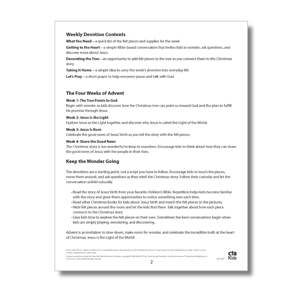 Page outlining weekly Advent devotion contents, the four weeks of Advent, and ideas for extending Christmas faith conversations through a felt-tree activity, discussion, and prayer by CTA Christ to All and CTAKids.