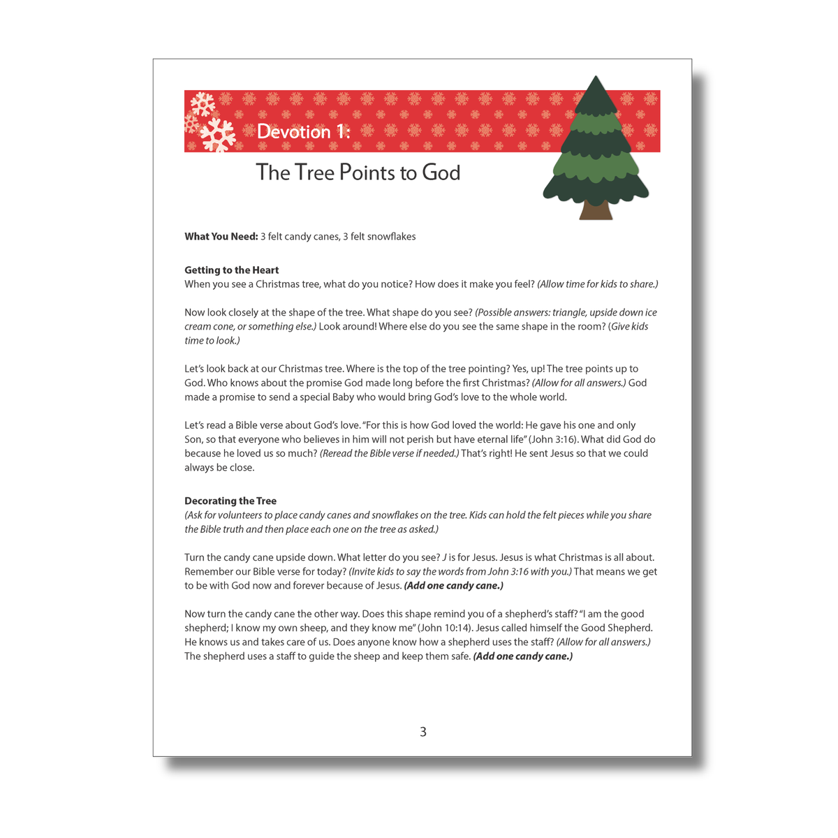 Devotion 1, “The Tree Points to God,” featuring discussion prompts and a hands-on activity using felt candy canes and snowflakes to help children learn about God’s promises and Jesus’ birth by CTA Christ to All and CTAKids.