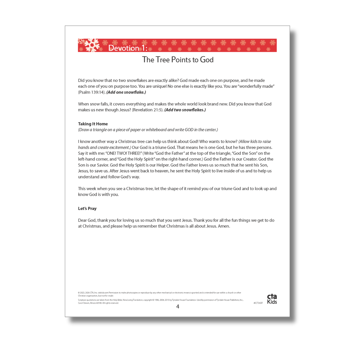 A printed worksheet or booklet page titled 'Devotion 1: The Tree Points to God' with Bible verse references, explanatory text, and prayer. The page has a white background, black text, a red title logo, and small CTA Kids branding at the bottom by CTA Christ to All and CTAKids.