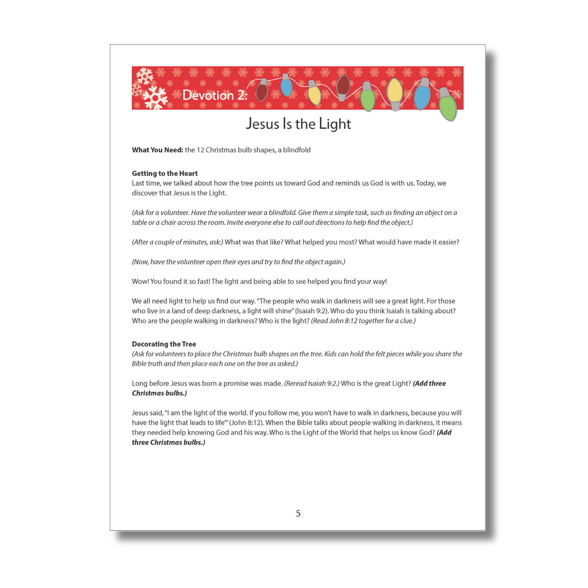 Devotion 2, “Jesus Is the Light,” featuring discussion prompts and a Christmas-light activity that helps children learn why Jesus is called the Light of the World by CTA Christ to All and CTAKids.