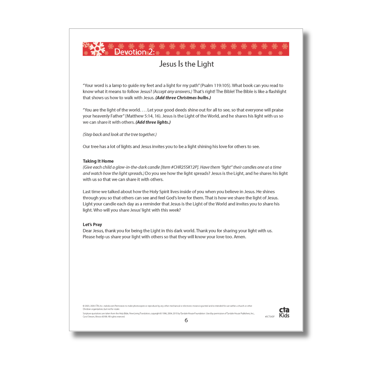 Second page of “Jesus Is the Light,” featuring a take-home activity and prayer that encourage children to share Jesus’ light and love with others by CTA Christ to All and CTAKids.