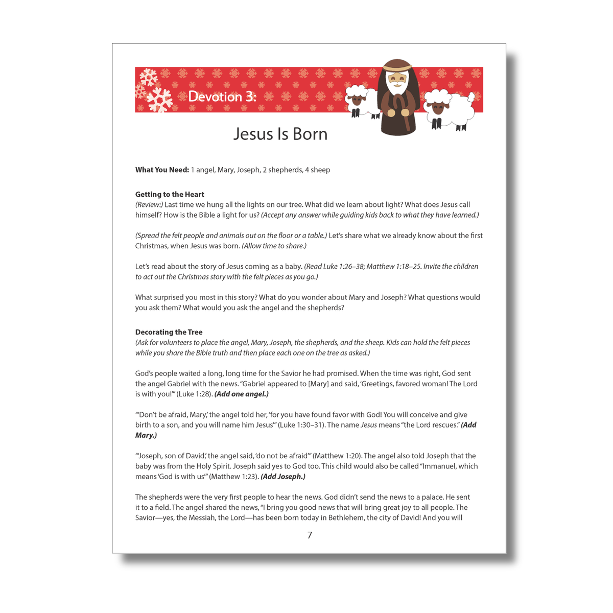 Devotion 3, “Jesus Is Born,” featuring discussion prompts and a felt-piece activity that helps children explore the Christmas story, including the angel’s message, Jesus’ birth, and the shepherds’ visit by CTA Christ to All and CTAKids.