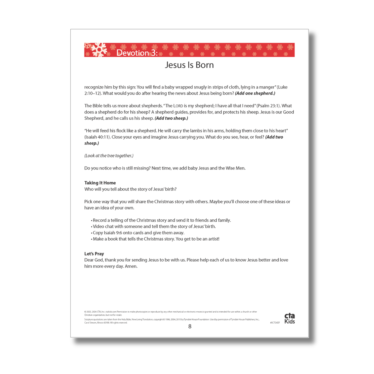 Second page of “Jesus Is Born,” featuring a take-home activity and prayer that encourage children to share the story of Jesus’ birth with others by CTA Christ to All and CTAKids.