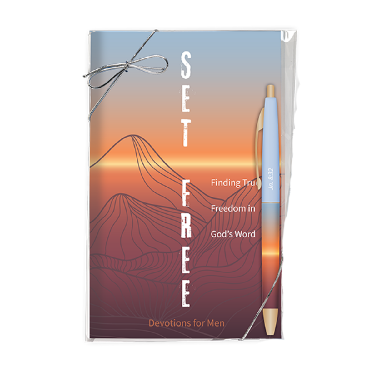 A boxed devotional gift set labeled 'SET FREE' with a mountain-and-sunset illustration, a silver bow on the package, and a blue-and-gold pen tucked inside. The front text reads 'Finding Truth, Freedom in God's Word' and 'Devotions for Men by CTA Christ to All & CTA Gifts.