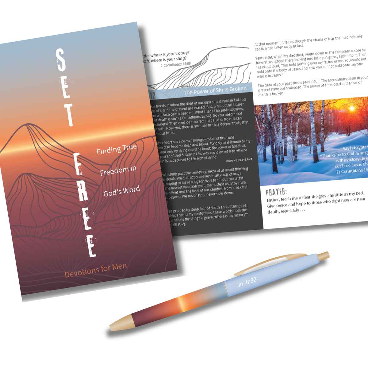 A Bible devotional booklet titled 'Set Free' for men, shown with one cover page and an interior scripture page on a white background, alongside a blue and orange pen by CTA Christ to All & CTA Gifts.