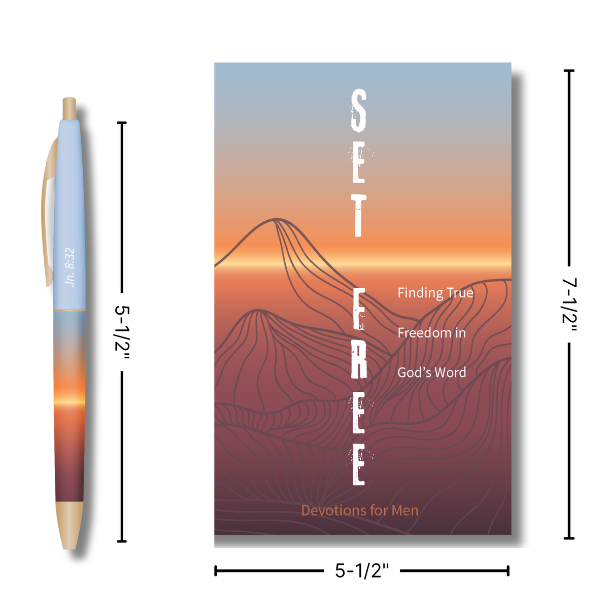 A devotional card or notebook cover design shown with dimension lines and a pen beside it. The main product appears to be a rectangular card or small book cover reading “SET FREE” with desert landscape artwork in blue, orange, and burgundy tones, plus text “Finding True Freedom in God’s Word” and “Devotions for Men by CTA Christ to All and CTA Gifts.