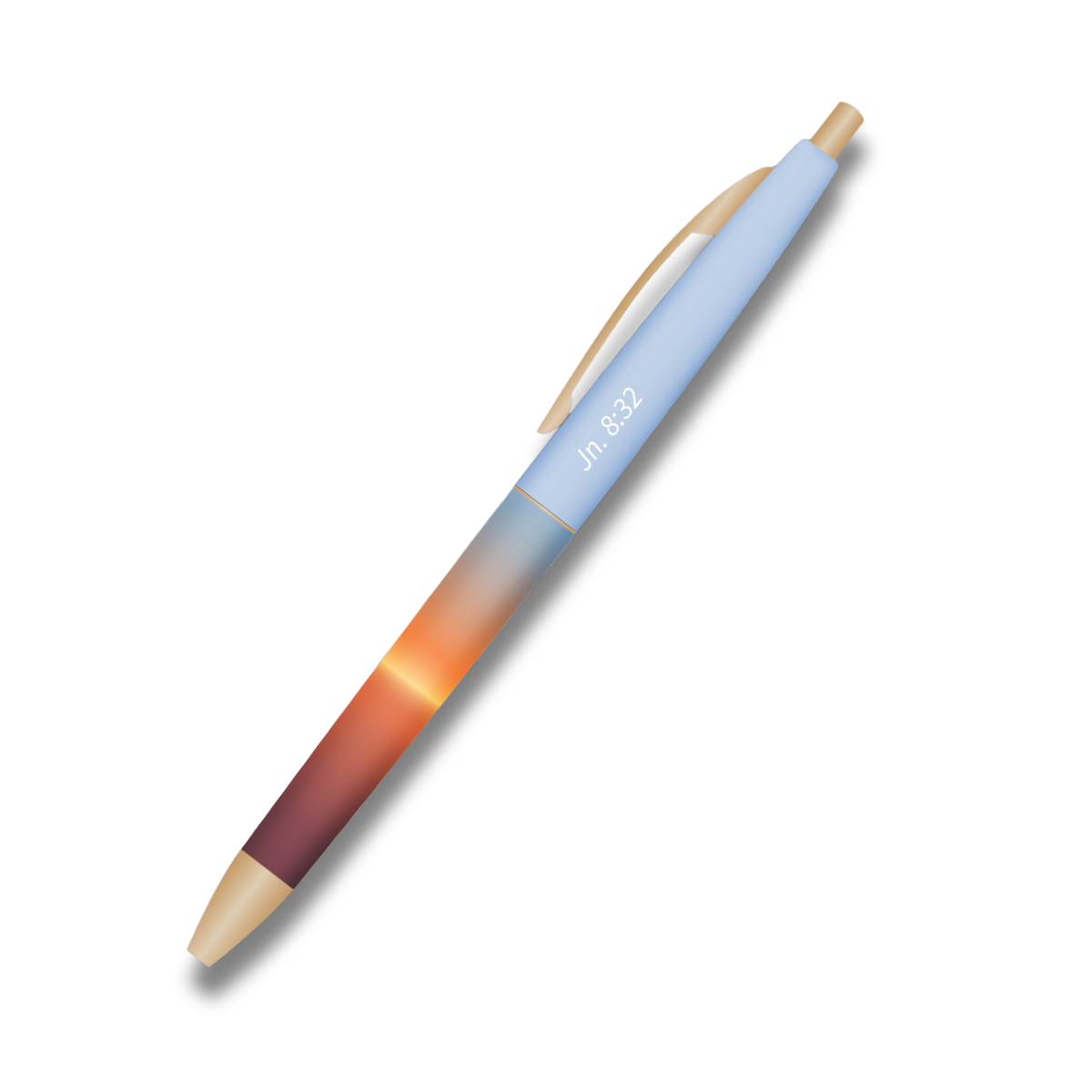 A retractable ballpoint pen with a light blue upper barrel, a warm orange-to-brown gradient middle section, and beige accents on the tip and clip, shown on a plain white background by CTA Christ to All and CTA Gifts.