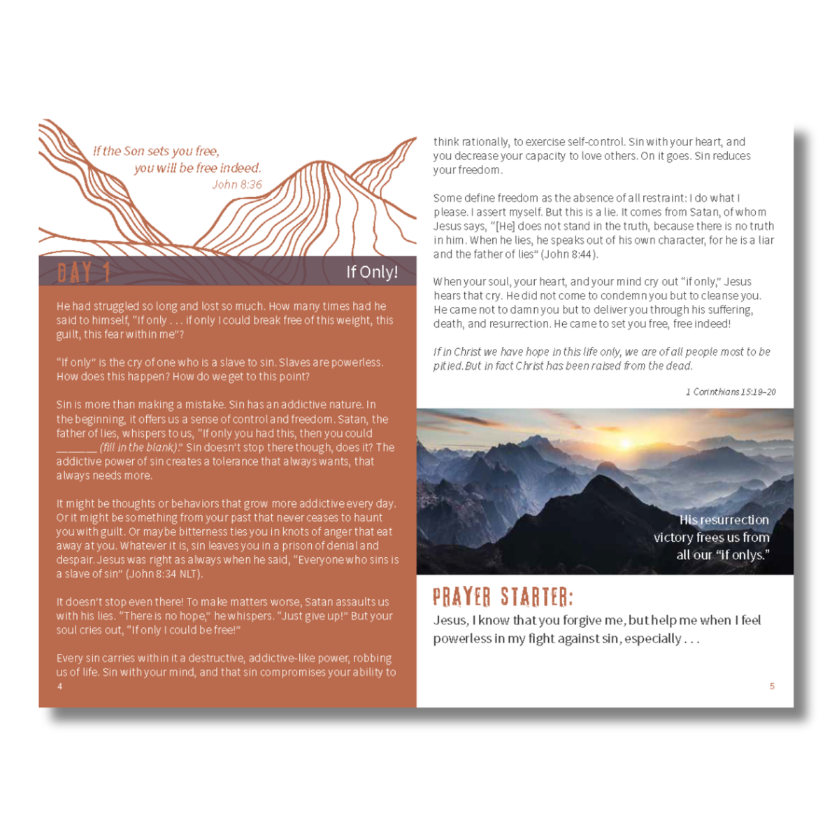 A printed booklet or magazine spread with two pages featuring inspirational religious text, illustrated with orange line drawings of a cross and a dark prayer card on the right by CTA Christ to All and CTA Gifts.
